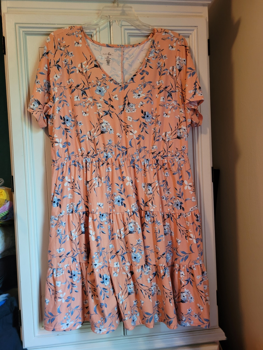 just be Peach Floral Tiered Mini Dress